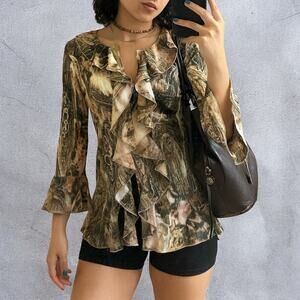 Vintage Y2K Christopher & Banks Paisley Crinkled Ruffle Half Button Blouse